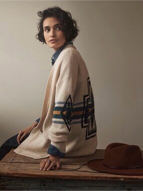 Pendleton Sierra Springs Cardigan Cream Open Front - Navy Teal & Mustard Medium